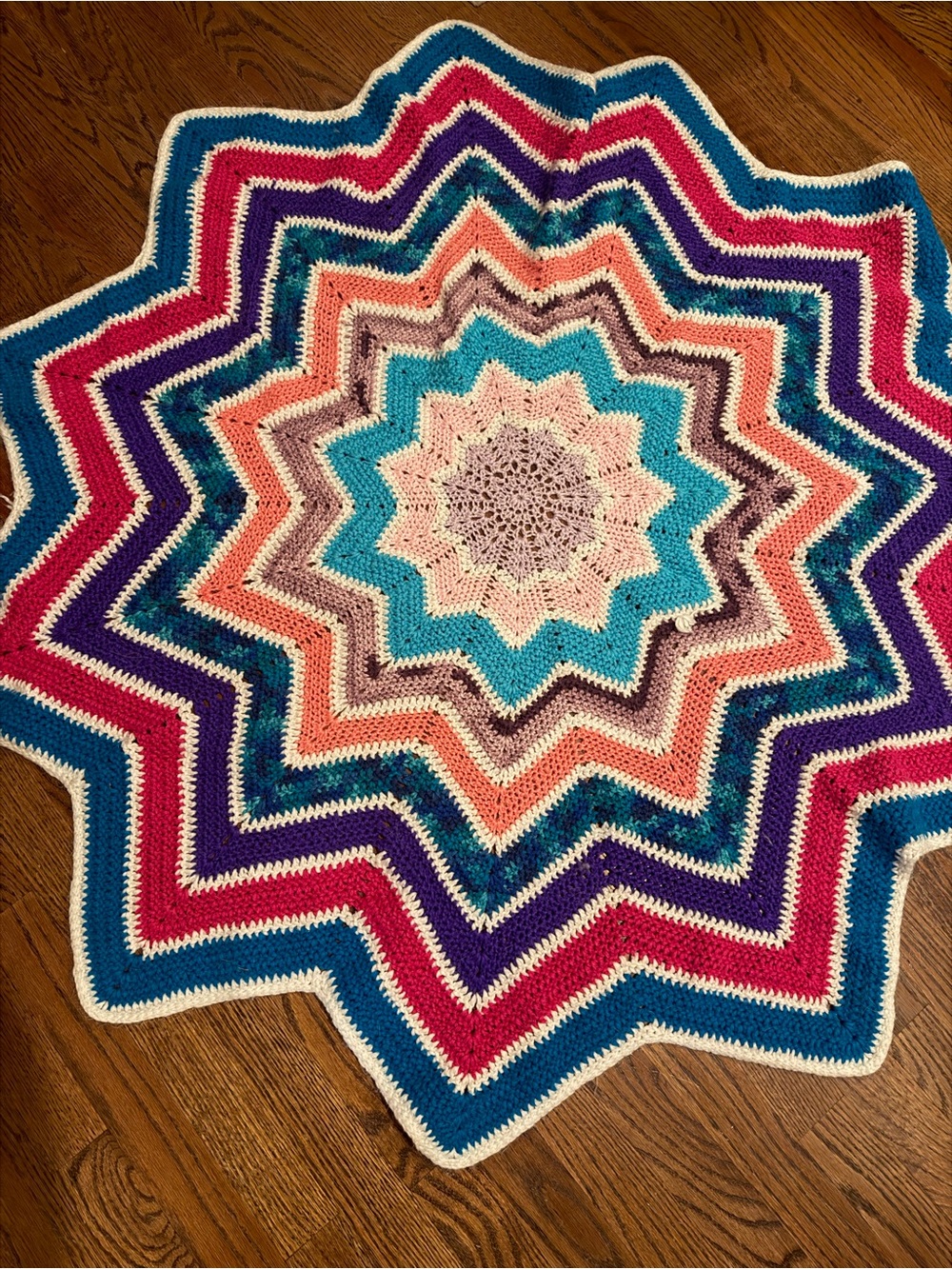 Handmade Starburst Crochet Blanket in Turquoise, Pink & Purple